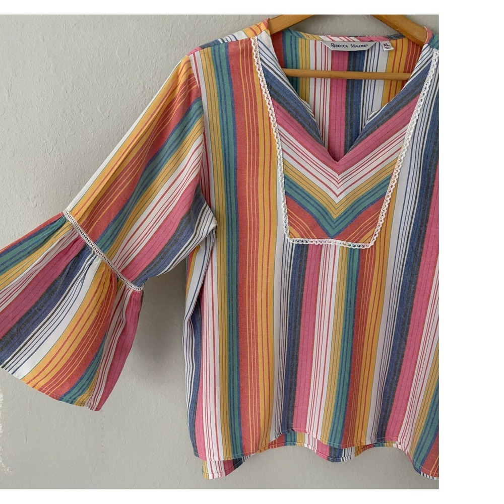 Rebecca Malone Women Multi Color Striped Bell Sleeve V-Neck Blouse XL Boho Top - Picture 3 of 6